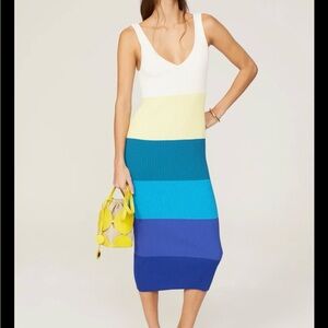 STAUD Colorblock Rib-Knit Midi Dress in White, Lemon, Teal & Blue
